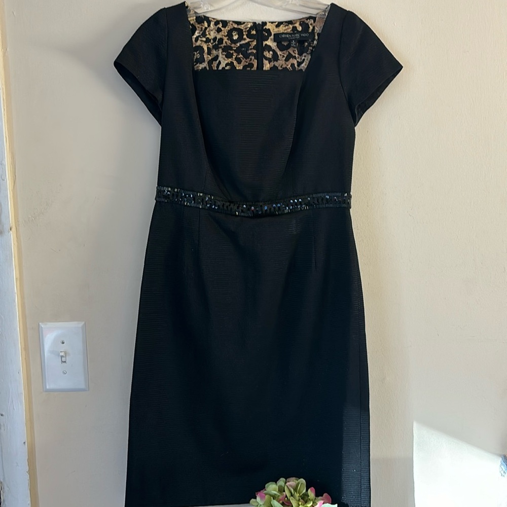 Carmen Marc Valvo Career Wear Beaded waist Accent Evening Square Neck Dr…